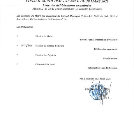 Liste délibérations 20 mars 2026