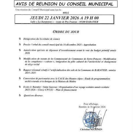 Avis Réunion Conseil Municipal 22.01.2026