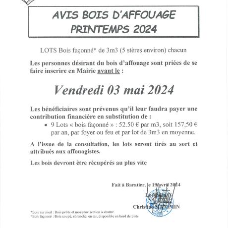 Avis Bois d'Affouage - Printemps 2024