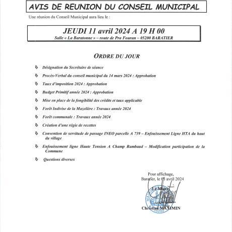 Avis Réunion Conseil Municipal 11.04.2024