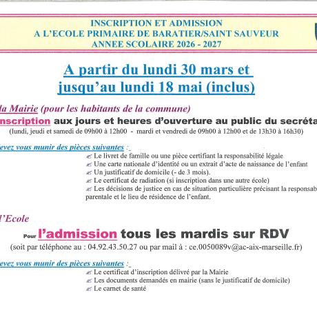 Inscription et Admission Ecole Année scolaire 2026-2027