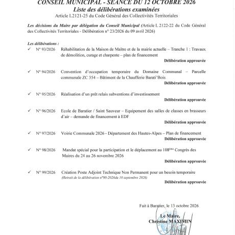 Lise des Délibérations examinées Séance 12 octobre 2026