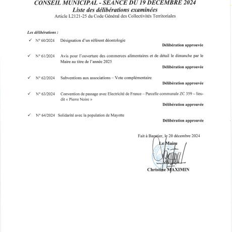 Liste des Délibérations examinées Séance du 19 décembre 2024