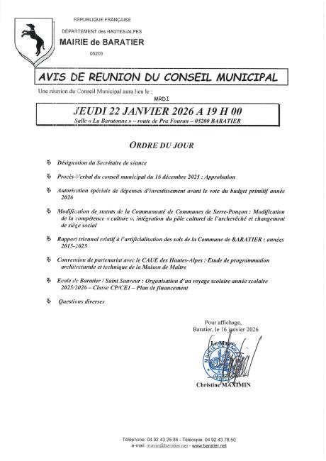 Avis Réunion Conseil Municipal 22.01.2026