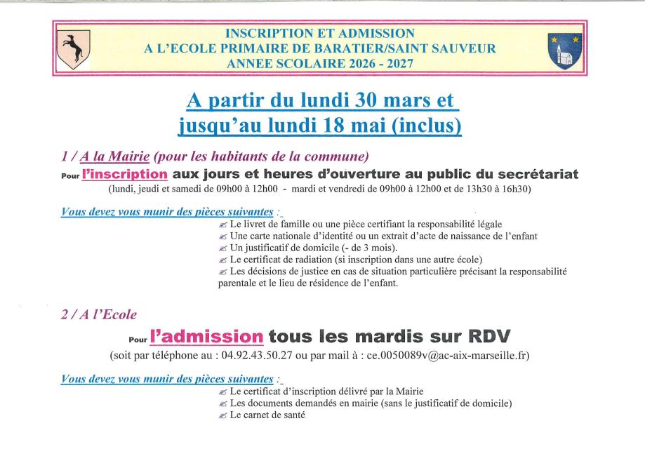 Inscription et Admission Ecole Année scolaire 2026-2027