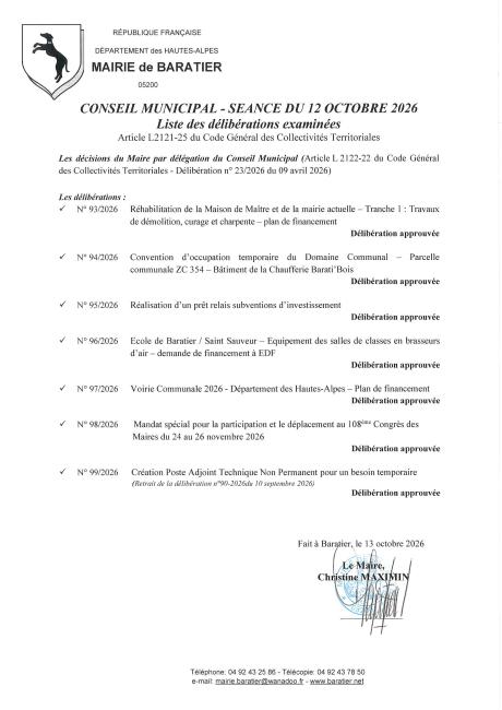 Lise des Délibérations examinées Séance 12 octobre 2026