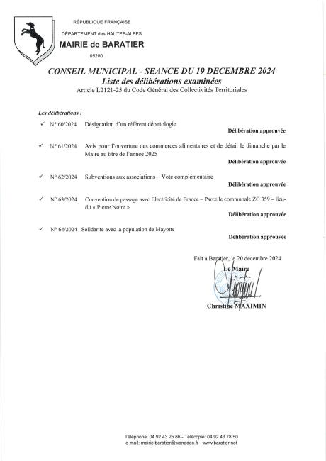 Liste des Délibérations examinées Séance du 19 décembre 2024